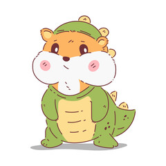 Cute hamster in dinosaur costume vector cartoon character isolated on a white background.