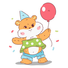 Cute hamster celebrating birthday vector cartoon character isolated on a white background.