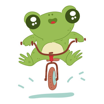 Cute little frog on bicycle vector cartoon illustration isolated on a white background.