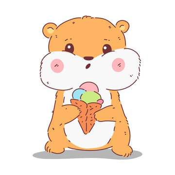 Cute hamster with ice-cream vector cartoon character isolated on a white background.