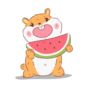 Cute hamster eating watermelon vector cartoon character isolated on a white background.