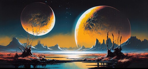 Sci-fi landscape on the distant planet. Two moons. Oil painting.
Generative AI art.