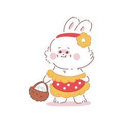Cute rabbit girl with basket and egg vector cartoon character isolated on a white background.