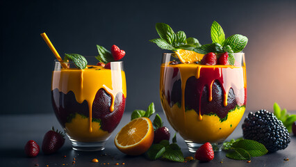 gourmet illustration of a delicious treat - smoothie drink with fresh strawberries and blueberries, blackberries and raspberries, orange fruits, decorated with fresh mint leaves. Generative AI - 580326493