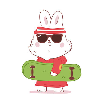 Cute rabbit with skateboard vector cartoon character isolated on a white background.