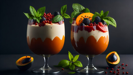 gourmet illustration of a delicious treat - smoothie drink with fresh strawberries and blueberries, blackberries and raspberries, orange fruits, decorated with fresh mint leaves. Generative AI - 580326604