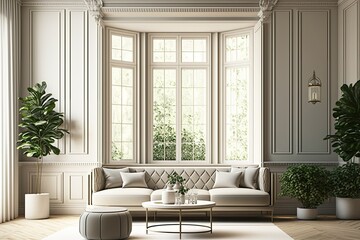 Modern luxury interior backdrop with panoramic windows, a view of the outdoors, plants, and a mock up of a classic panel wall. Living room in beige with big, traditional white windows. Generative AI