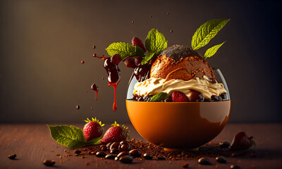 Gourmet illustration of a delicious treat - chocolate ice cream with fresh strawberries and blueberries, blackberries and raspberries, honey and syrup, decorated with fresh mint leaves. Generative AI - 580326654