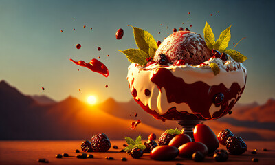 Gourmet illustration of a delicious treat - chocolate ice cream with fresh strawberries and blueberries, blackberries and raspberries, honey and syrup, decorated with fresh mint leaves. Generative AI - 580326666