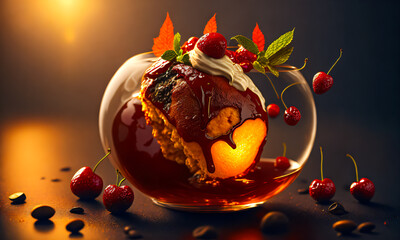 Gourmet illustration of a delicious treat - chocolate ice cream with fresh strawberries and blueberries, blackberries and raspberries, honey and syrup, decorated with fresh mint leaves. Generative AI - 580326670
