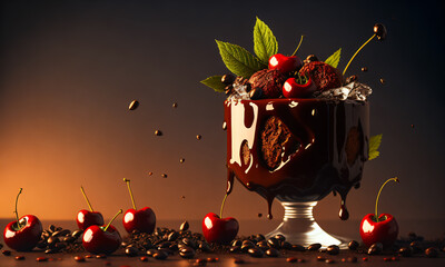 Gourmet illustration of a delicious treat - chocolate ice cream with fresh strawberries and blueberries, blackberries and raspberries, honey and syrup, decorated with fresh mint leaves. Generative AI - 580326675