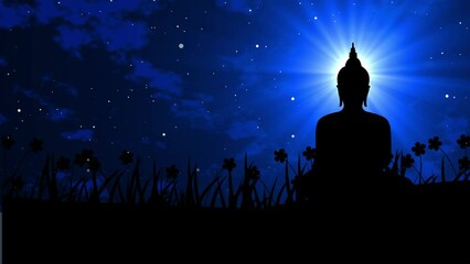 Buddha Animation Background, Buddha Meditation Animation Video, Buddha Animation Background On Nature In Meditation Body Postures, Buddha Meditation In Nature Sun Rising And Wind Blows Flowers Moving