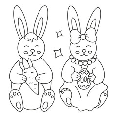 Easter cute hare, rabbit, boy and girl with egg and carrot. Line art.
