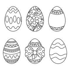 Set of Easter eggs with patterns and ornaments, flowers, bow. Line art.
