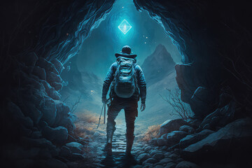 illustration painting of the explorer came to a spooky environment with diamonds, 3D illustration. (ai generated) - obrazy, fototapety, plakaty
