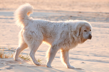 White Polish Tatra sheepdog in sunset on the beach