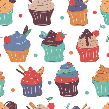 Cupcakes vector cartoon seamless pattern background for wallpaper, wrapping, packing, and backdrop.