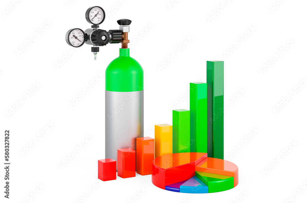 Aufkleber gas cylinder with growth bar graph and pie chart. 3d rendering