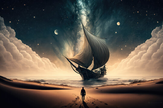 surreal scenery of the man looking a boat in the outer space with stars and clouds in night and sunset time, digital art style, illustration painting (ai generated)