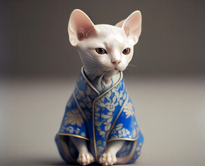 white asian cat in kimono. ai generated - obrazy, fototapety, plakaty