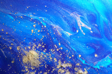 Luxury abstract background, liquid art. Blue alcohol ink with golden paint streaks, water surface,...