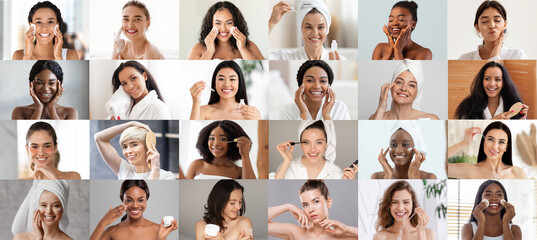 Smiling adult and millennial multiracial women enjoy beauty care, anti aging routine procedures,...