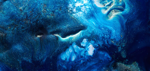 Luxury abstract background, liquid art. Blue alcohol ink with golden paint streaks, water surface,...