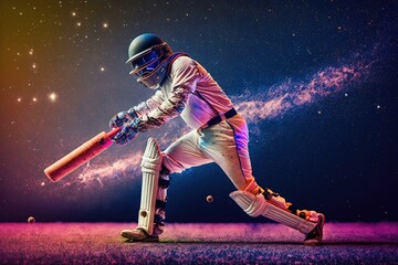 cricket player batsman doing a pose with a bat shot. Generative AI - obrazy, fototapety, plakaty
