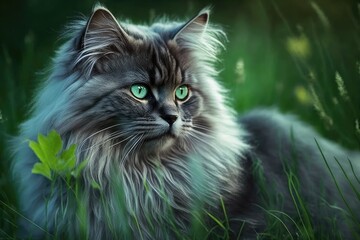 Naklejka na ściany i meble The cat is sitting on a lush grass and gazing out to the side. A close up of a fluffy, gray cat with emerald eyes in the wild. Russian breed. Generative AI