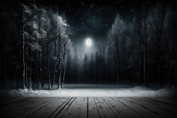 Dark abstract winter forest background. Wooden floor, snow, fog. Dark night background in the forest with moonlight. Night view, magic (ai generated)