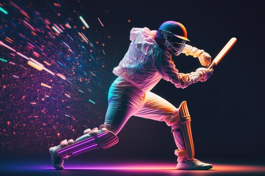 A cricket player with a bat and wearing cricket guards and a helmet in the studio. Generative AI