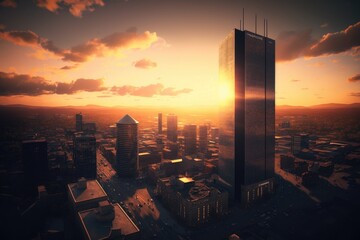 Sunset view of Manchester. The Hilton Hotel or Beetham Tower is centrally displayed throughout the entire city. aerial picture of the heart of Manchester. Beautiful sunset shot of the metropolitan sky - obrazy, fototapety, plakaty