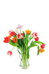 fresh flowers, freshly cut yellow and pink tulips with leaves, isolated