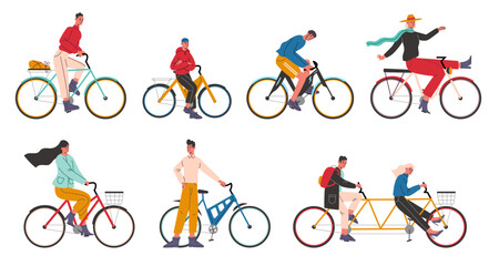 Fototapeta premium People ride bicycles. Happy men and women cyclists. City transportation. Walking by bikes. Persons drive cycles. Stand nearby. Funny biking characters. Vector isolated bicyclists set