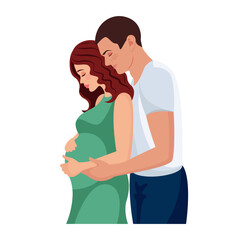 Illustration of a married couple, a man hugs a pregnant woman behind. Happy couple in love, family