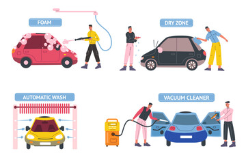 Fototapeta na wymiar Self car wash service. People cleaning automobile windows and salon interior. Automatic water supply. Soap foam equipment. Dry and vacuum brushing. Transport care. Vector carwash set