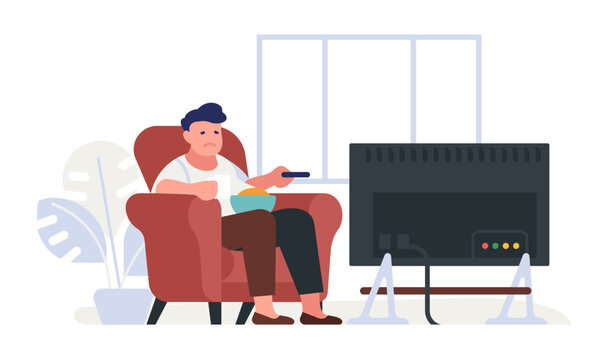 Sad Fat Guy Watching TV And Eating. Lazy Man Sitting In Armchair In Front Of TV Screen. Film Television Showing In Living Room. Overweight Person. Sedentary Lifestyle. Vector Concept