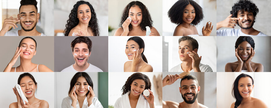 Cheerful young multiracial men and women apply cream on face, combing hair, enjoy spa treatments at home