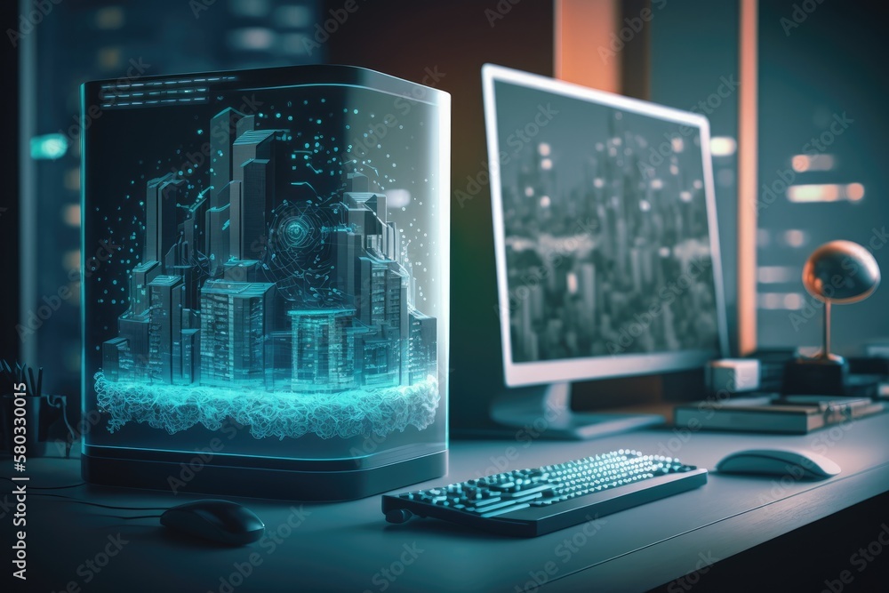 Poster hologram illustration of a desktop computer backdrop in an office with large city structures. two fo