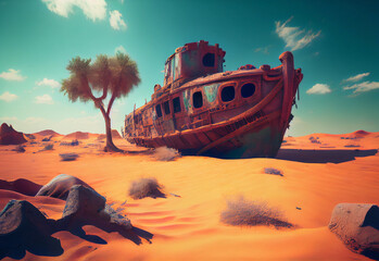 old leaky ship in the desert. the ship ran aground on a dune. ai generated