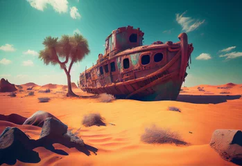 Wall murals Shipwreck old leaky ship in the desert. the ship ran aground on a dune. ai generated
