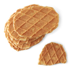 delicious waffles isolated, crunchy cookies snacks, sweet and delicious wafer food, selective focus taken straight from above
