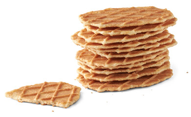 delicious waffles isolated, stacked crunchy cookies snacks, sweet and delicious wafer food