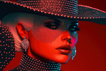 Beautiful drag queen in black hat rhinestones on red background, drag queen with spectacular makeup, portrait of drag queen on red background, generative ai