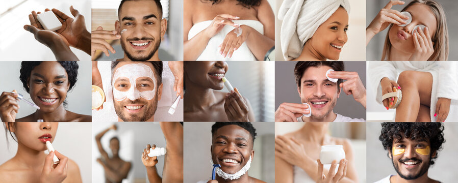 Glad young international men and women apply cream, oil, deodorant, shave, enjoy spa treatments