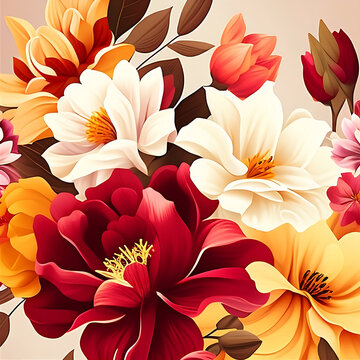 Realistic flowers pattern illustration wallpaper design created with Generative AI technology