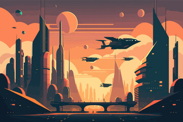 Illustration of the futuristic technological city, 2d vector flat Eps 10 