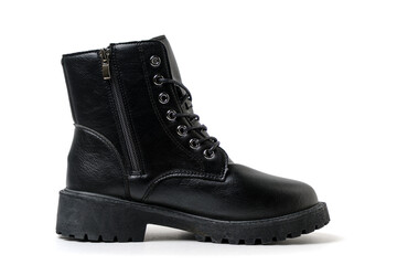 Black leather laced shoe on a white background.