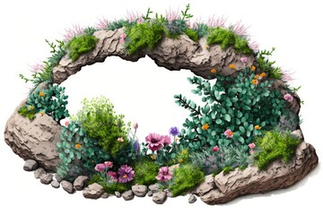 Fototapeta na wymiar flower filled frame around a cutout rock. Isolated garden design on a white backdrop. Green plants and flowering shrubs for landscaping. Decorative flower and shrubbed area. Generative AI
