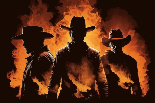 silhouettes of three men in flame, cowboy sheriff on fire in western style, generative ai